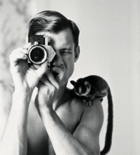 Self portrait with Minor, Peter’s pet bush baby, 1968